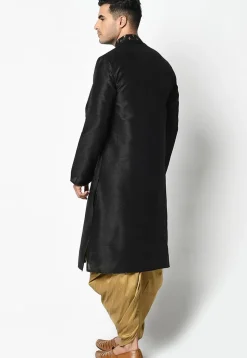 Foil Printed Dupion Silk Kurta Set in Black
