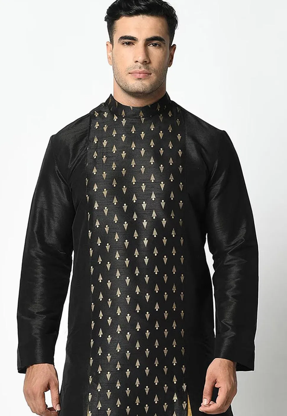 Foil Printed Dupion Silk Kurta Set in Black