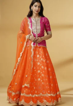 Foil Printed Dupion Silk Lehenga in Orange