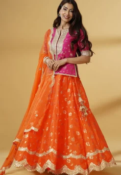 Foil Printed Dupion Silk Lehenga in Orange