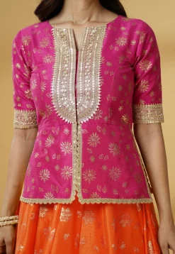 Foil Printed Dupion Silk Lehenga in Orange