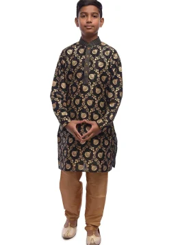 Foil Printed Dupion Silk Kurta in Black