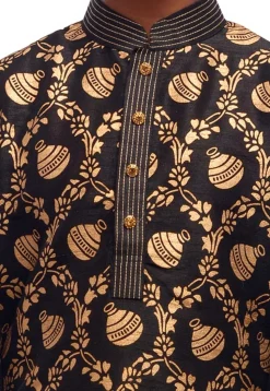 Foil Printed Dupion Silk Kurta in Black