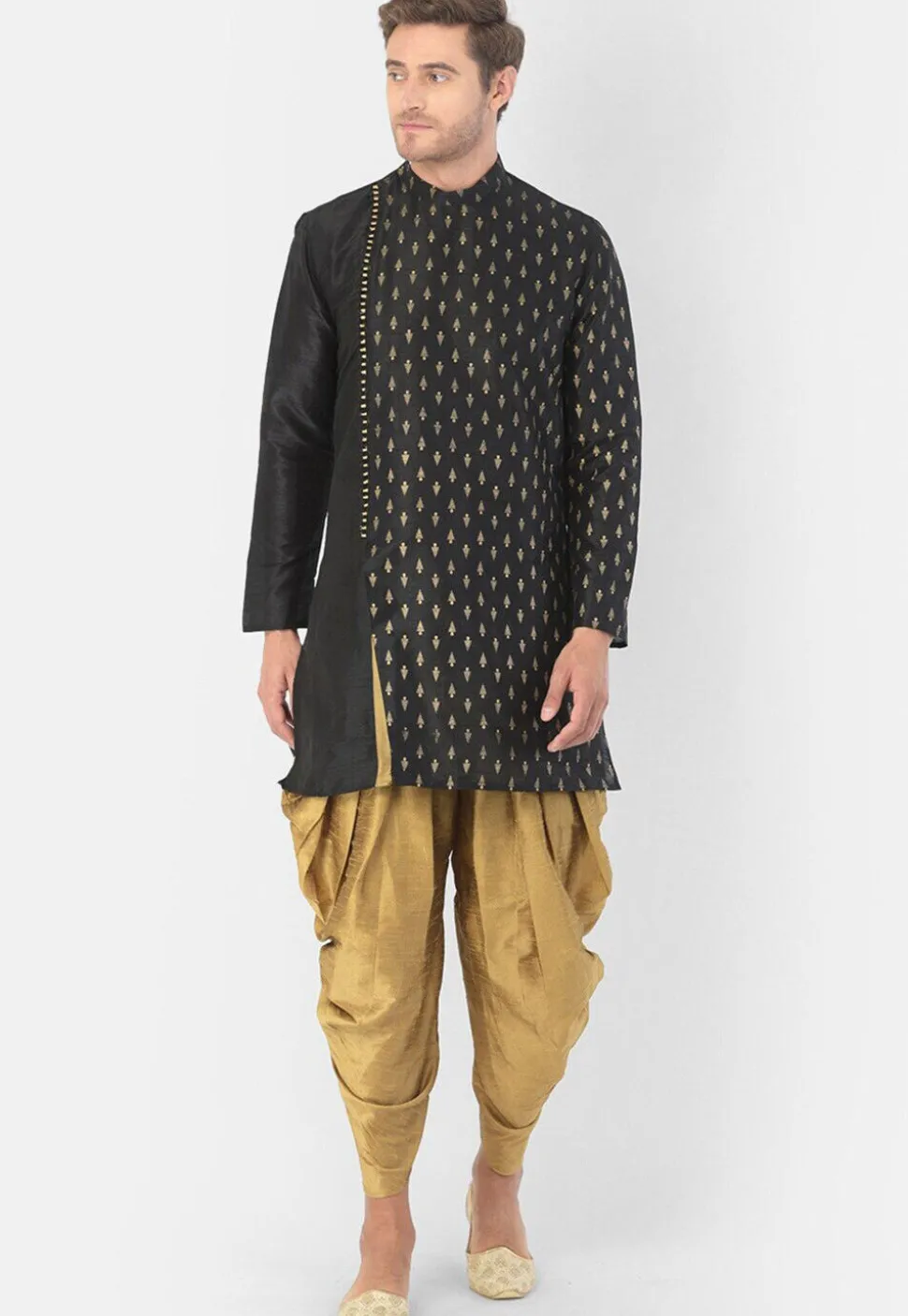 Foil Printed Dupion Silk Kurta Set in Black