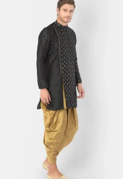 Foil Printed Dupion Silk Kurta Set in Black