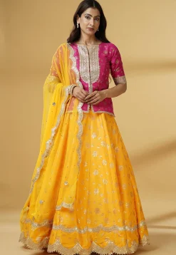 Foil Printed Dupion Silk Lehenga in Yellow