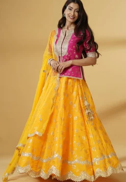 Foil Printed Dupion Silk Lehenga in Yellow