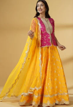 Foil Printed Dupion Silk Lehenga in Yellow