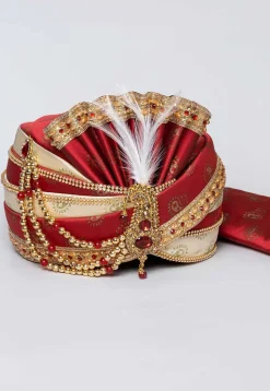 Foil Printed Dupion Silk Turban in Maroon and Off White