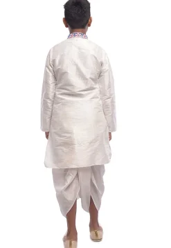 Foil Printed Dupion Silk Kurta Set in White