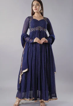 Foil Printed Georgette Abaya Style Suit in Navy Blue