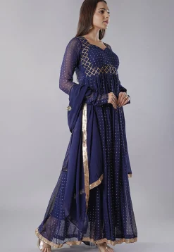 Foil Printed Georgette Abaya Style Suit in Navy Blue