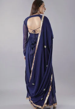 Foil Printed Georgette Abaya Style Suit in Navy Blue