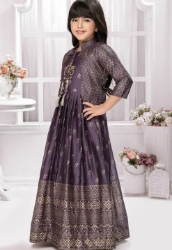 Foil Printed Georgette Gown in Purple
