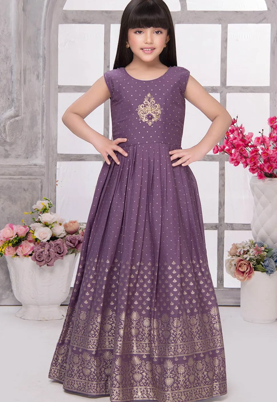 Foil Printed Georgette Gown in Purple