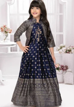 Foil Printed Georgette Gown in Navy Blue