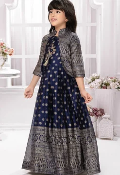 Foil Printed Georgette Gown in Navy Blue