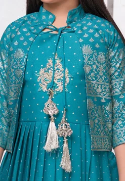 Foil Printed Georgette Gown in Teal Blue