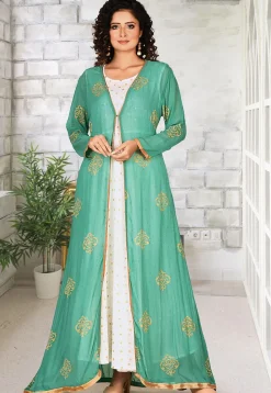 Foil Printed Georgette Jacket Style Gown in Green and White