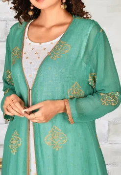 Foil Printed Georgette Jacket Style Gown in Green and White