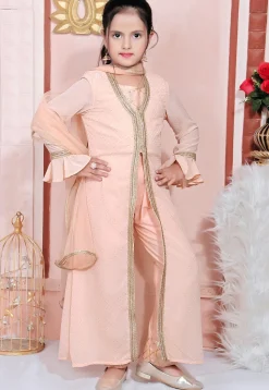 Foil Printed Georgette Pakistani Suit in Peach