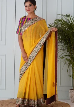 Foil Printed Georgette Saree in Yellow