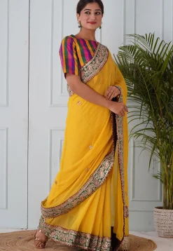 Foil Printed Georgette Saree in Yellow