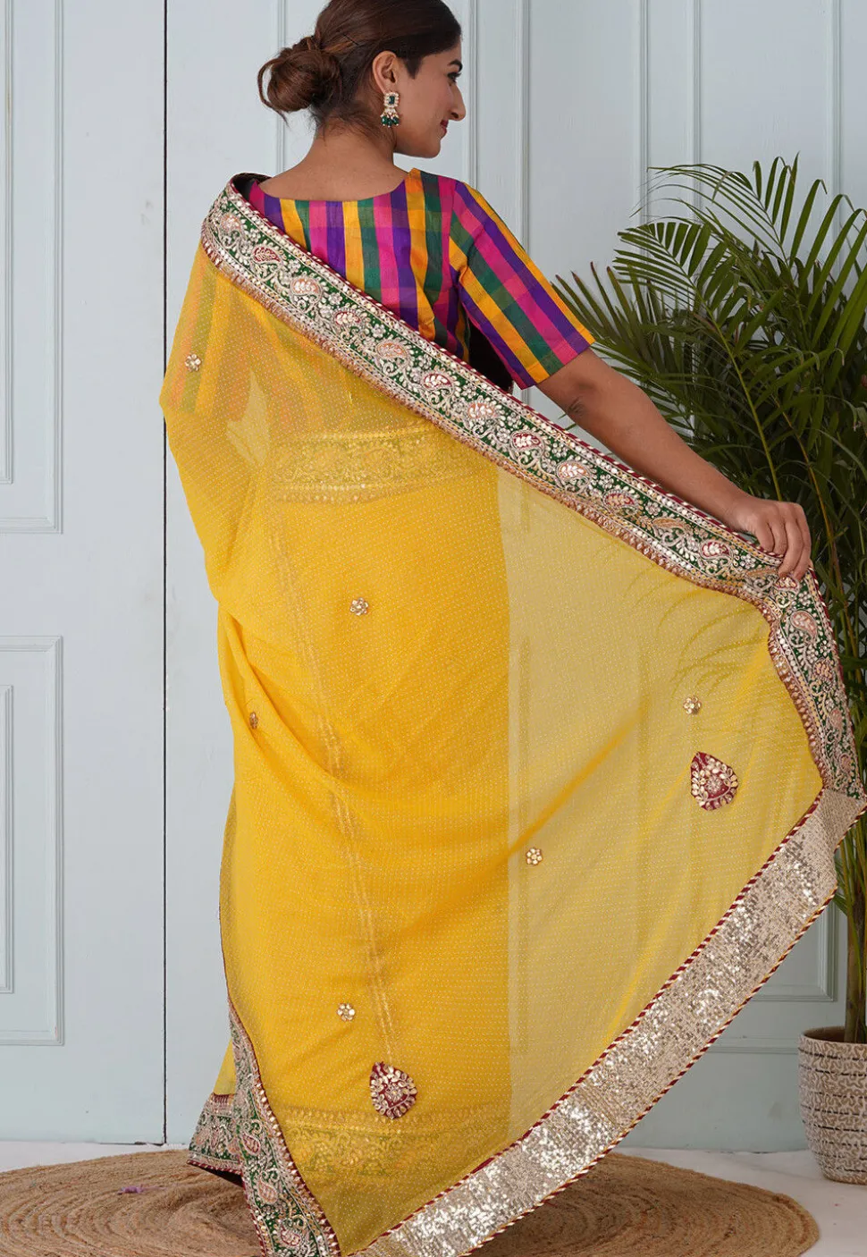 Foil Printed Georgette Saree in Yellow