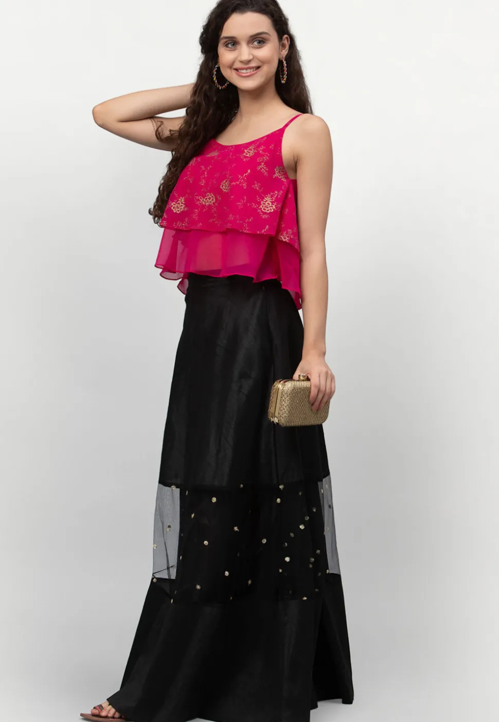 Foil Printed Georgette Strappy Layered Crop Top in Fuchsia