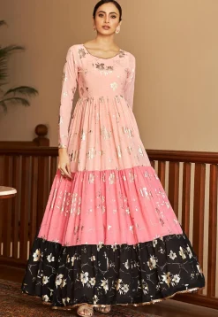 Foil Printed Georgette Tiered Gown in Pink and Black