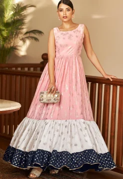 Foil Printed Georgette Tiered Gown in Pink and Multicolor