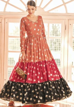 Foil Printed Georgette Tiered Gown in Multicolor