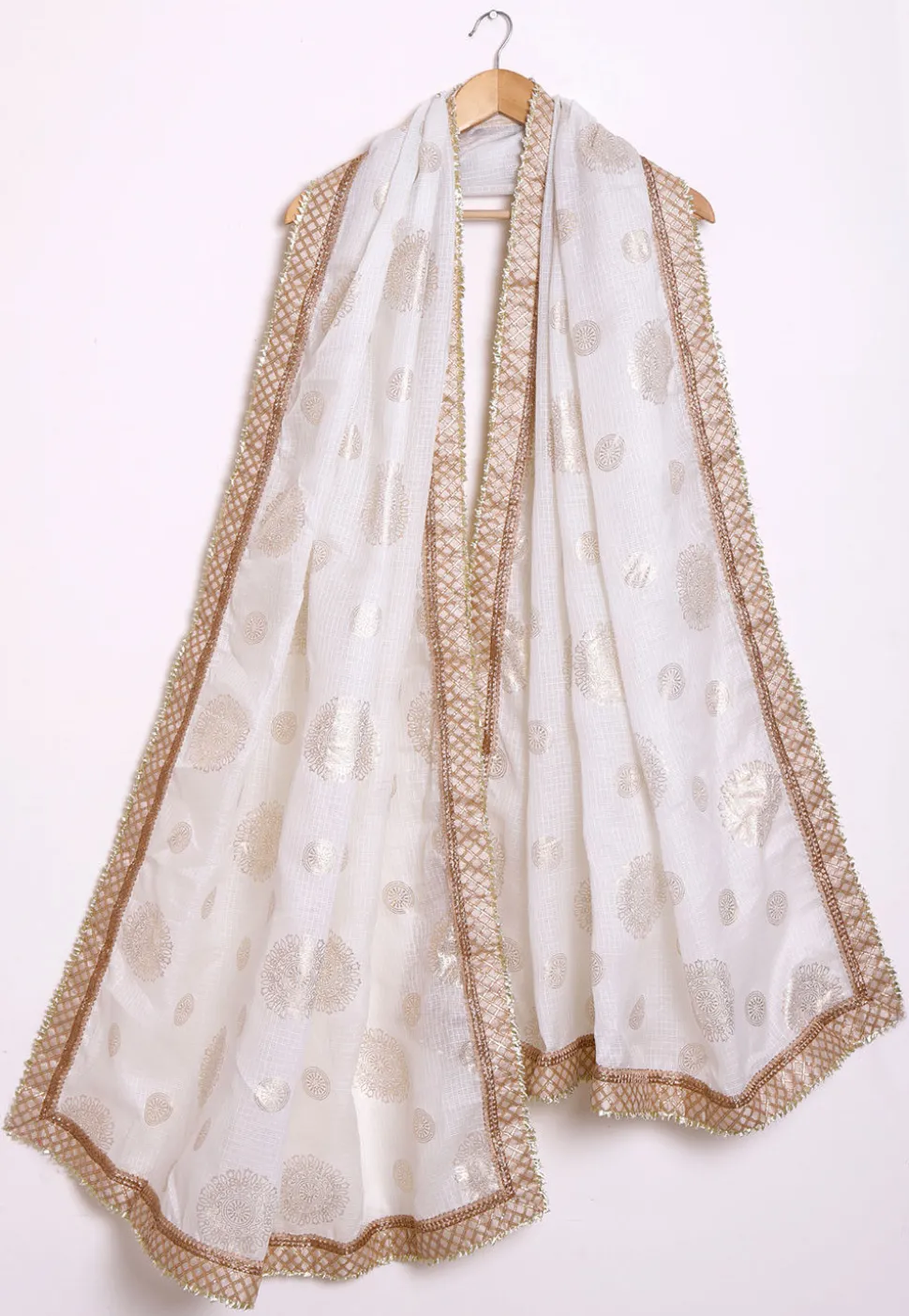Foil Printed Kota Silk Dupatta in Cream