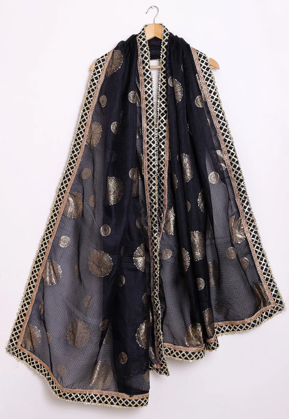 Foil Printed Kota Silk Dupatta in Black