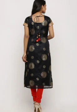 Foil Printed Kota Silk Straight Suit in Black