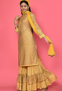 Foil Printed Muslin Cotton Pakistani Suit in Beige and Yellow