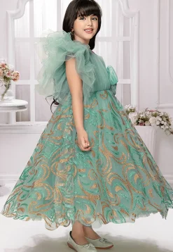 Foil Printed Net Gown in Teal Green