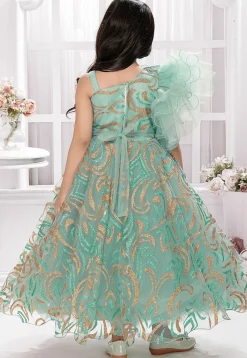 Foil Printed Net Gown in Teal Green