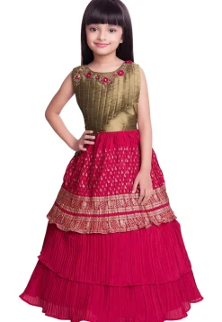 Foil Printed Polyster Pleated Gown in Fuchsia and Golden
