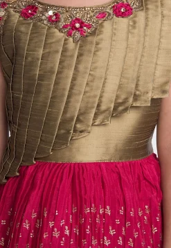 Foil Printed Polyster Pleated Gown in Fuchsia and Golden