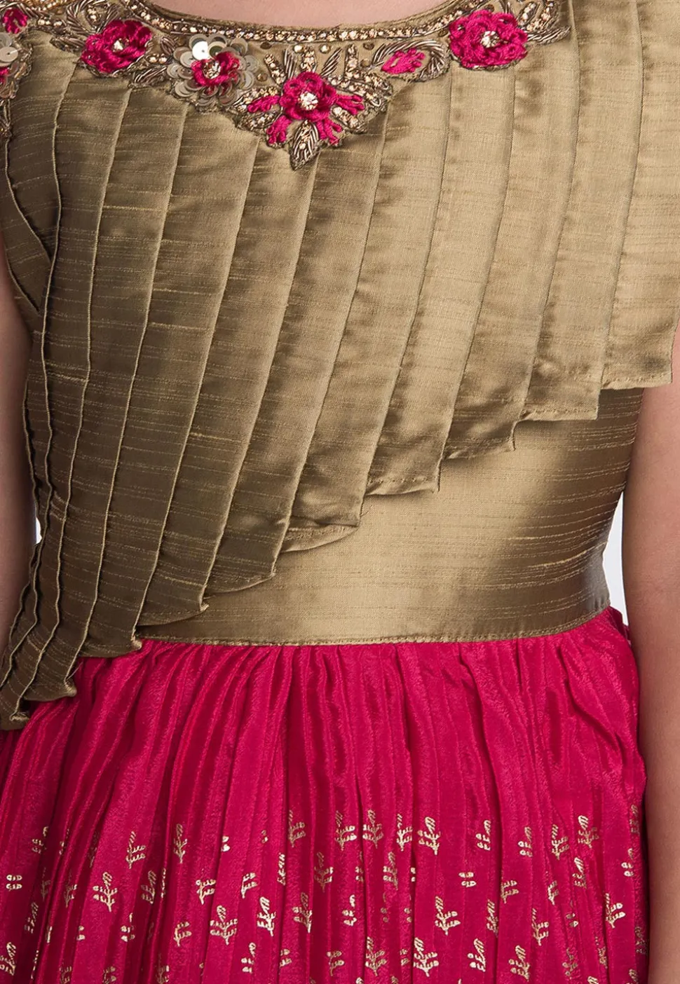 Foil Printed Polyster Pleated Gown in Fuchsia and Golden