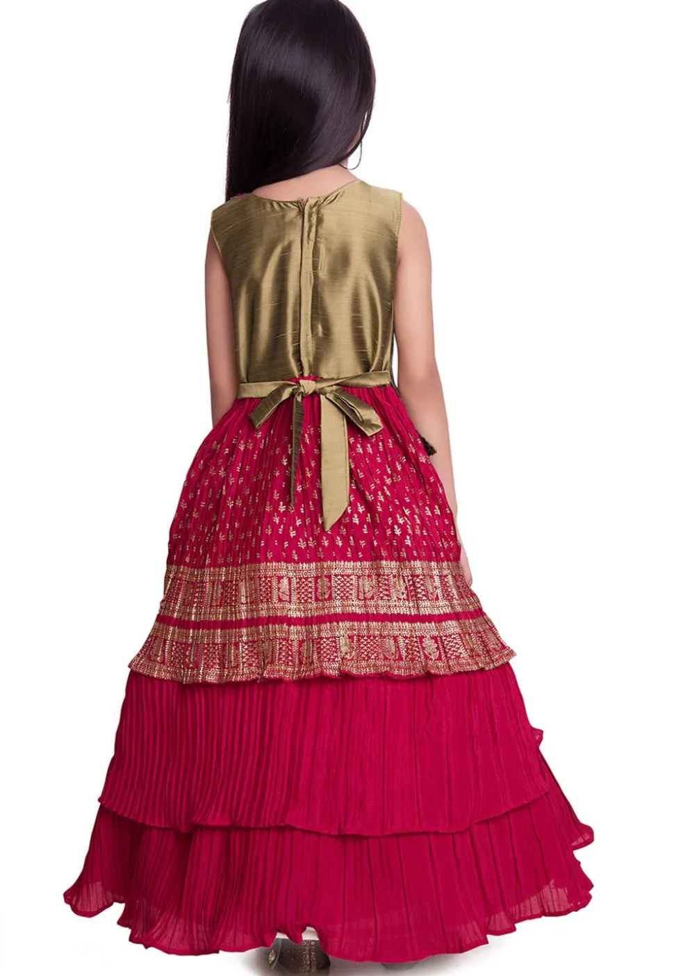 Foil Printed Polyster Pleated Gown in Fuchsia and Golden