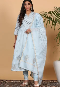 Foil Printed Pure Cotton Aline Suit in Sky Blue
