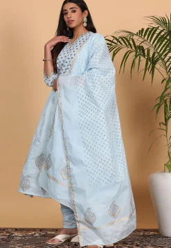 Foil Printed Pure Cotton Aline Suit in Sky Blue
