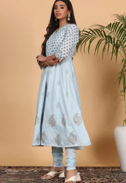Foil Printed Pure Cotton Aline Suit in Sky Blue