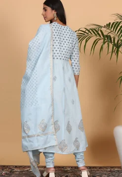 Foil Printed Pure Cotton Aline Suit in Sky Blue