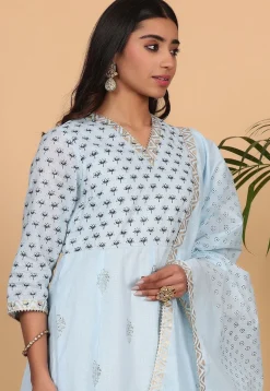 Foil Printed Pure Cotton Aline Suit in Sky Blue