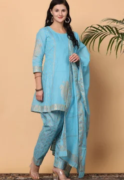 Foil Printed Pure Cotton Punjabi Suit in Blue
