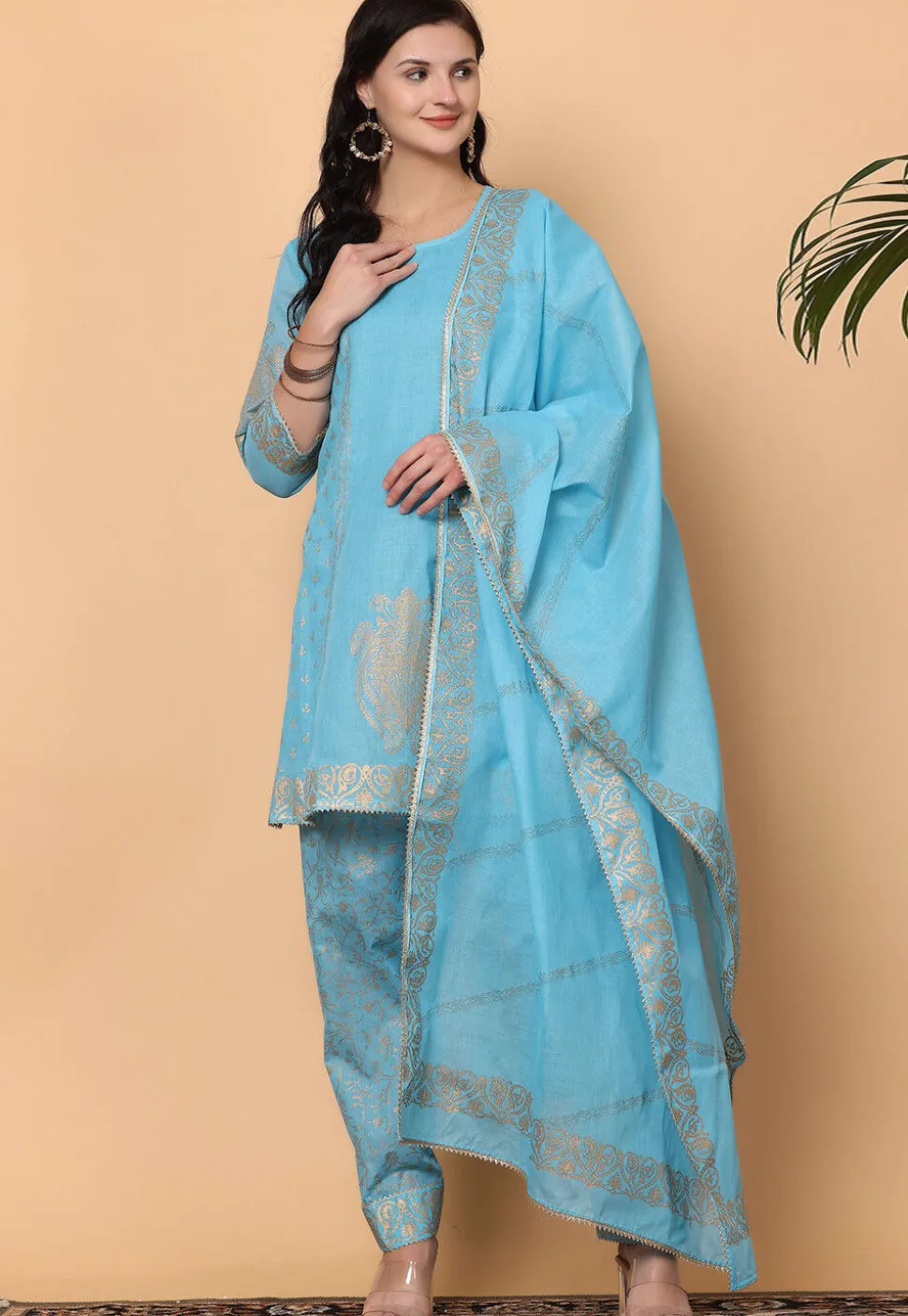 Foil Printed Pure Cotton Punjabi Suit in Blue