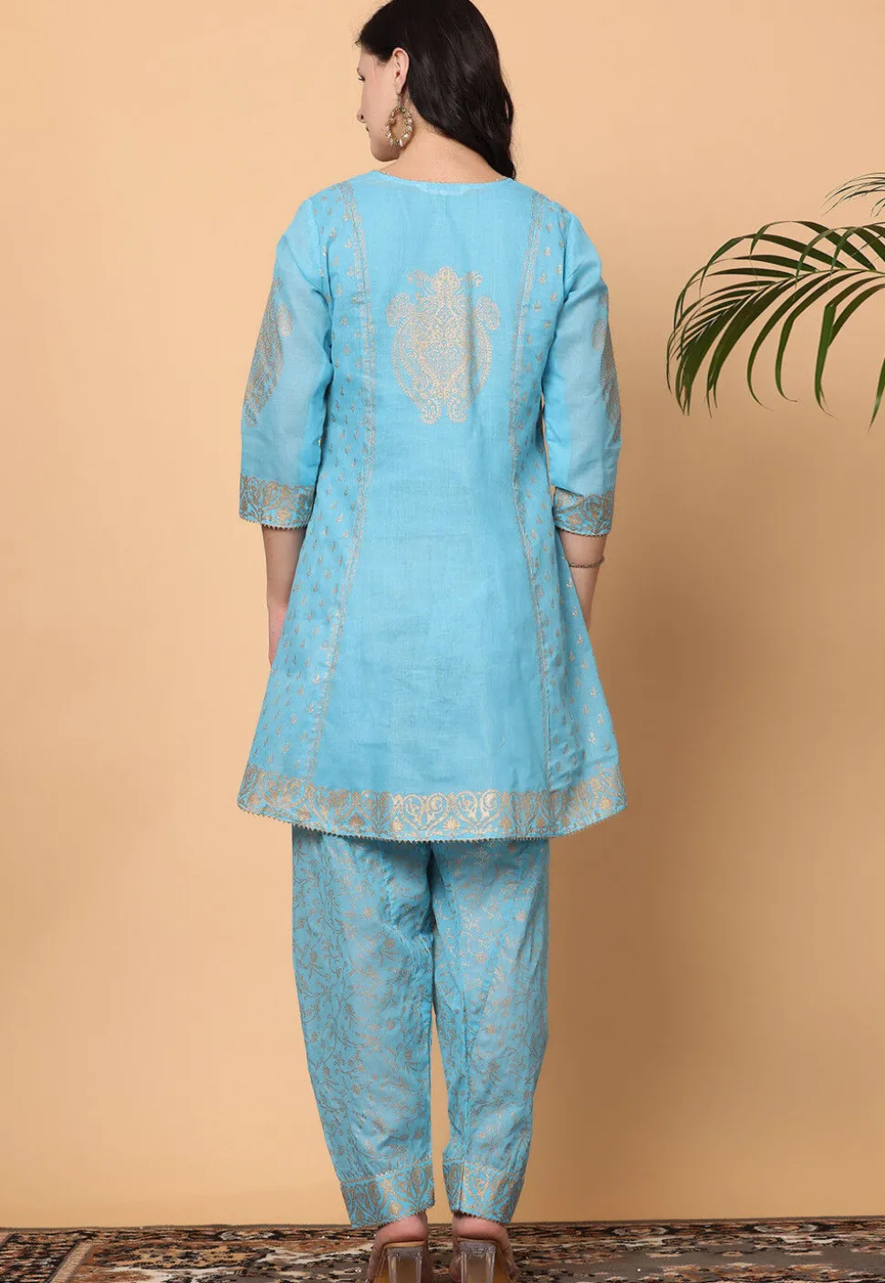 Foil Printed Pure Cotton Punjabi Suit in Blue